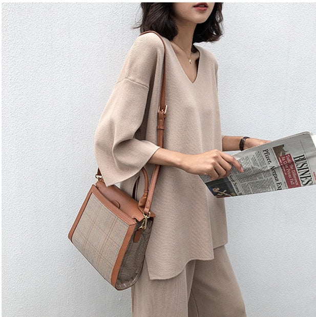 Two Piece Set Women Suit V-neck Long Sleeve Bandage Top Wide Leg Pants