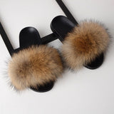 Women Real Fox Fur Slides Home Furry Flat Sandals Female Cute Fluffy House Wear