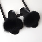 Women Real Fox Fur Slides Home Furry Flat Sandals Female Cute Fluffy House Wear