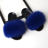 Women Real Fox Fur Slides Home Furry Flat Sandals Female Cute Fluffy House Wear