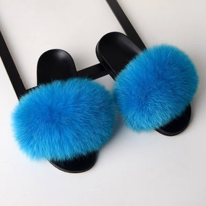 Women Real Fox Fur Slides Home Furry Flat Sandals Female Cute Fluffy House Wear