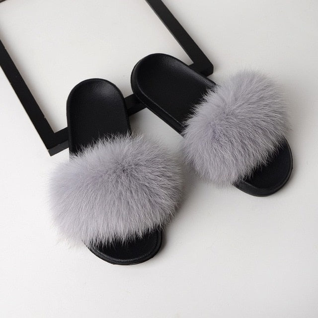 Women Real Fox Fur Slides Home Furry Flat Sandals Female Cute Fluffy House Wear