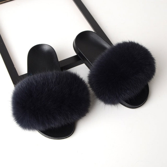 Women Real Fox Fur Slides Home Furry Flat Sandals Female Cute Fluffy House Wear