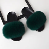 Women Real Fox Fur Slides Home Furry Flat Sandals Female Cute Fluffy House Wear