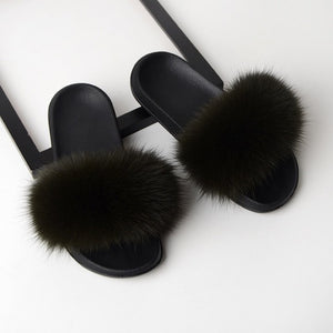 Women Real Fox Fur Slides Home Furry Flat Sandals Female Cute Fluffy House Wear