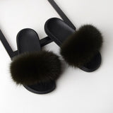 Women Real Fox Fur Slides Home Furry Flat Sandals Female Cute Fluffy House Wear