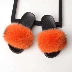 Women Real Fox Fur Slides Home Furry Flat Sandals Female Cute Fluffy House Wear