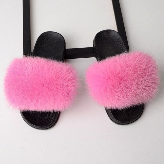 Women Real Fox Fur Slides Home Furry Flat Sandals Female Cute Fluffy House Wear