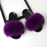 Women Real Fox Fur Slides Home Furry Flat Sandals Female Cute Fluffy House Wear