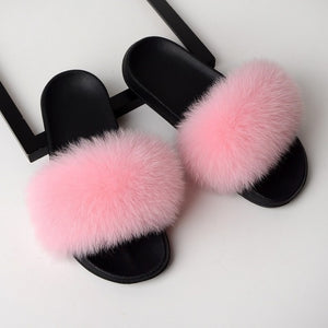 Women Real Fox Fur Slides Home Furry Flat Sandals Female Cute Fluffy House Wear