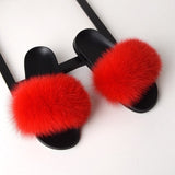 Women Real Fox Fur Slides Home Furry Flat Sandals Female Cute Fluffy House Wear