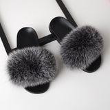 Women Real Fox Fur Slides Home Furry Flat Sandals Female Cute Fluffy House Wear