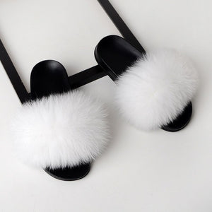 Women Real Fox Fur Slides Home Furry Flat Sandals Female Cute Fluffy House Wear