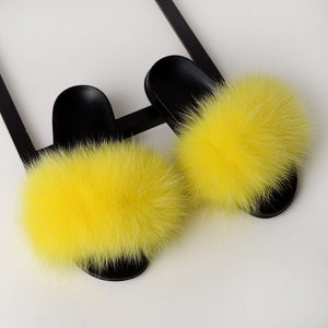 Women Real Fox Fur Slides Home Furry Flat Sandals Female Cute Fluffy House Wear