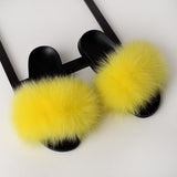 Women Real Fox Fur Slides Home Furry Flat Sandals Female Cute Fluffy House Wear