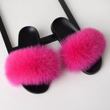 Women Real Fox Fur Slides Home Furry Flat Sandals Female Cute Fluffy House Wear