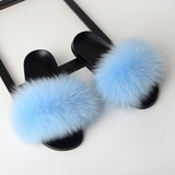 Women Real Fox Fur Slides Home Furry Flat Sandals Female Cute Fluffy House Wear