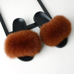 Women Real Fox Fur Slides Home Furry Flat Sandals Female Cute Fluffy House Wear