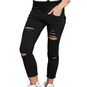 Women Fashion Cotton Hole Pencil Pants Skinny Nine Points High Waist Stretch Jeans Slim Pencil Trousers Capris Hot