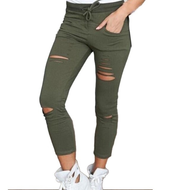 Women Fashion Cotton Hole Pencil Pants Skinny Nine Points High Waist Stretch Jeans Slim Pencil Trousers Capris Hot