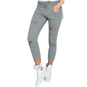 Women big size ripped trousers stretch pencil pants