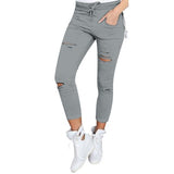 Women big size ripped trousers stretch pencil pants