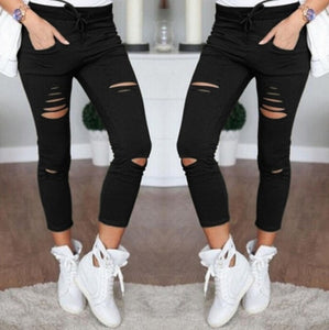 Women big size ripped trousers stretch pencil pants