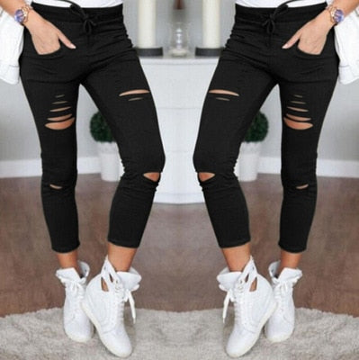 Women big size ripped trousers stretch pencil pants