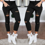 Women big size ripped trousers stretch pencil pants