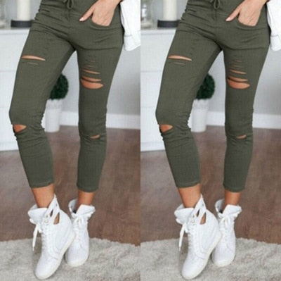 Women big size ripped trousers stretch pencil pants