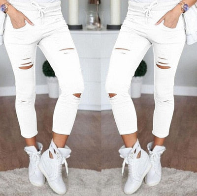 Women big size ripped trousers stretch pencil pants