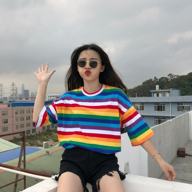 New T Shirt Women Rainbow Striped Tops Short Sleeve Korean Punk T-shirt