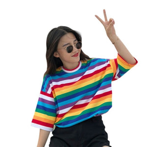 New T Shirt Women Rainbow Striped Tops Short Sleeve Korean Punk T-shirt