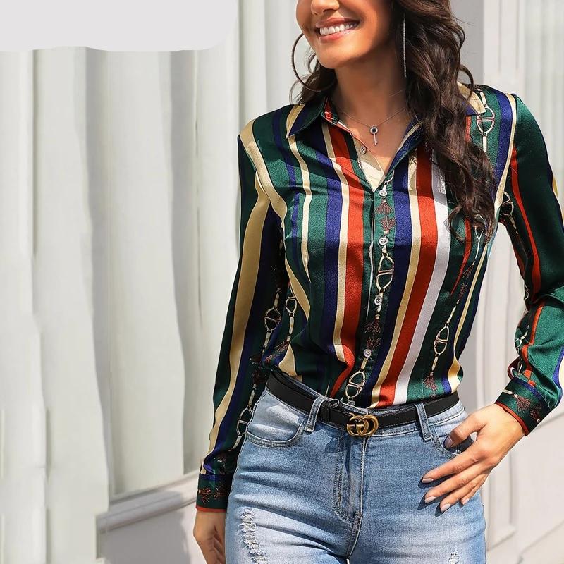 Women Shirts Saddle Print Multicolor Stripes Long Sleeve Blouse