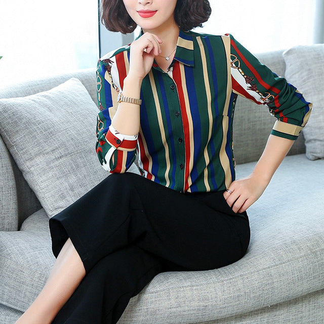 Women Shirts Saddle Print Multicolor Stripes Long Sleeve Blouse