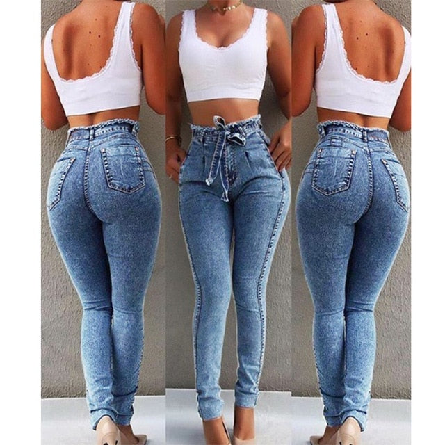 High Waist Jeans For Women Slim Stretch Denim Tassel Belt Bandage Skinny Push Up