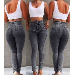 High Waist Jeans For Women Slim Stretch Denim Tassel Belt Bandage Skinny Push Up