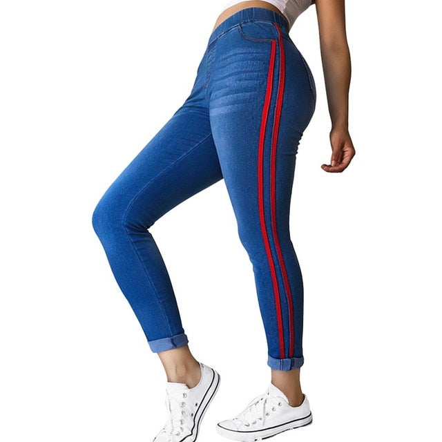 Women Jeans High Waist Side Striped Trousers Patchwork Straight  Matched Casual Pants Slim