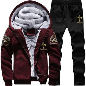 Tracksuit Sporting Fleece Thick Hooded Men Jacket+Pant Warm