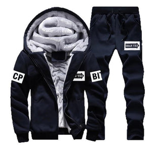 Tracksuit Sporting Fleece Thick Hooded Men Jacket+Pant Warm