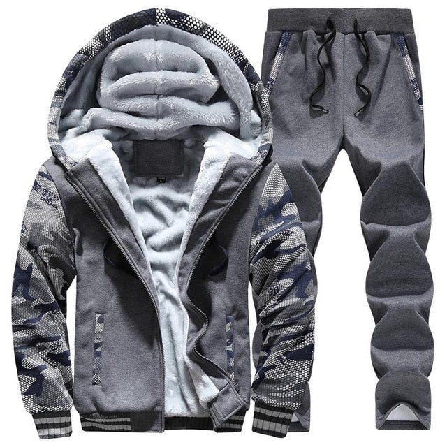 Tracksuit Sporting Fleece Thick Hooded Men Jacket+Pant Warm