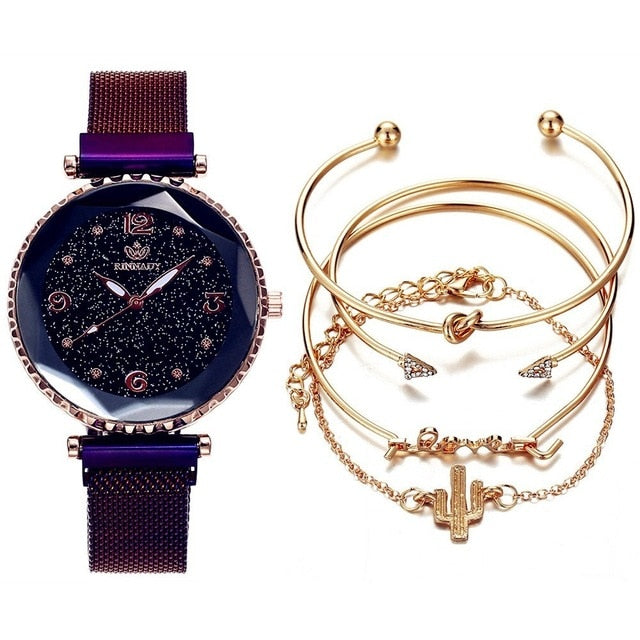 5pc set Luxury Women Watches Starry Sky Magnet Buckle Fashion Casual