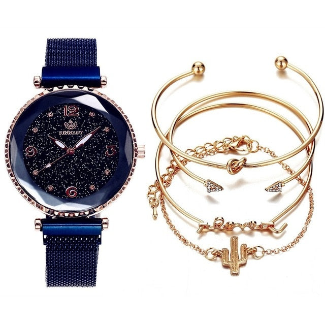 5pc set Luxury Women Watches Starry Sky Magnet Buckle Fashion Casual