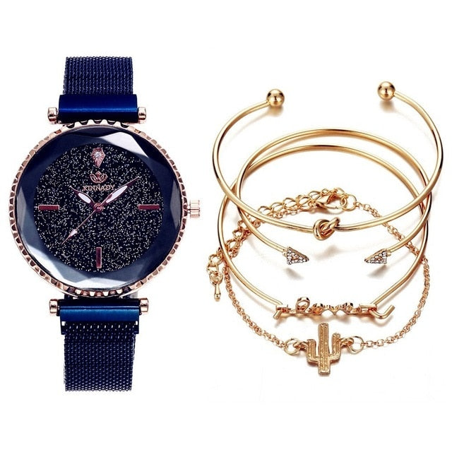 5pc set Luxury Women Watches Starry Sky Magnet Buckle Fashion Casual