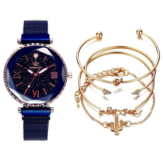 5pc set Luxury Women Watches Starry Sky Magnet Buckle Fashion Casual