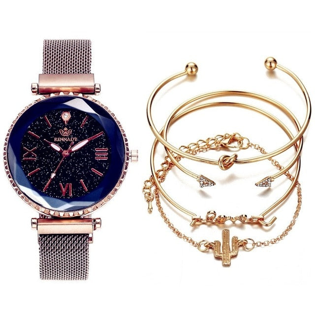 5pc set Luxury Women Watches Starry Sky Magnet Buckle Fashion Casual