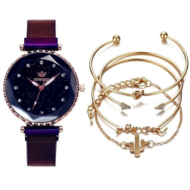 5pc set Luxury Women Watches Starry Sky Magnet Buckle Fashion Casual