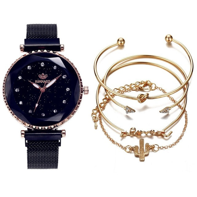 5pc set Luxury Women Watches Starry Sky Magnet Buckle Fashion Casual