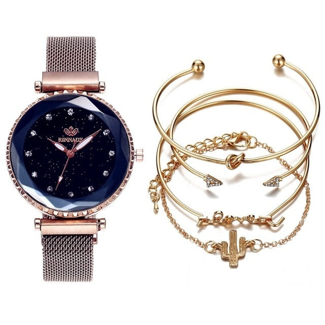 5pc set Luxury Women Watches Starry Sky Magnet Buckle Fashion Casual