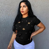 Women Short Sleeve Pearl Beading Tshirt